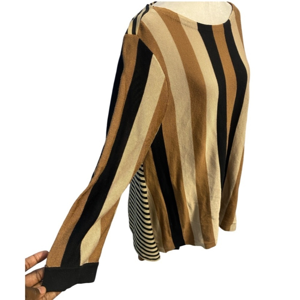 Chico's Trapeze Tunic Sweater Black, Brown, Tan, Cream Striped Elegant Tiny Pull - Picture 4 of 17
